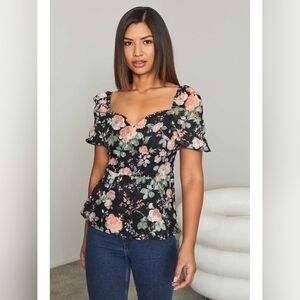 Lipsey London Black Floral Romantic  Sweetheart Neck Peplum Top | Size 8 NWT